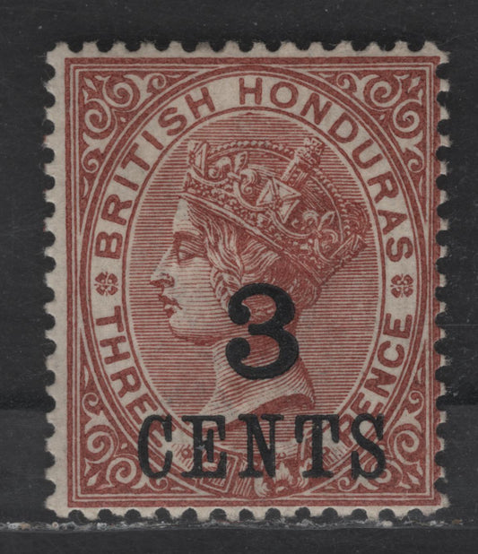 Lot 78 British Honduras SG#38 3c on 3c Red Brown Queen Victoria, 1888-1891 Surcharged Issue, A FOG Single
