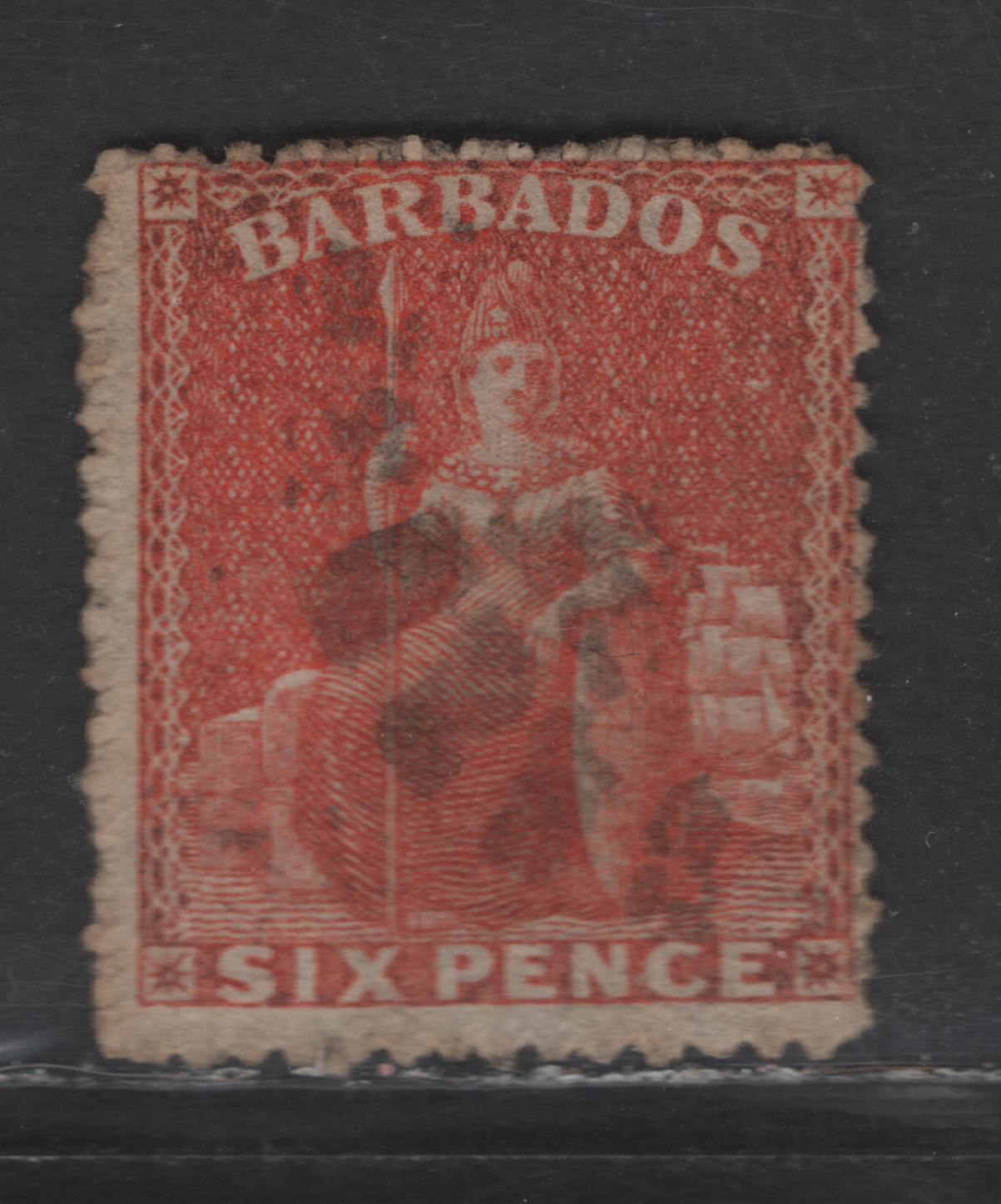 Lot 8 Barbados SG#32 6d Dull Orange Vermillion Britannia, 1861-1870 Britannia Issue, A Fine Used Single, Rough Perf 14-16, No Watermark