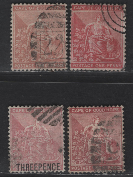 Lot 81 Cape Of Good Hope SG#29, 35-36, 39a 1d - 3d on 4d Seated Hope Queen Victoria, 1871-1880 Seated Hope Issue, 4 Fine/Very Fine Used Singles, Crown CC Wmk