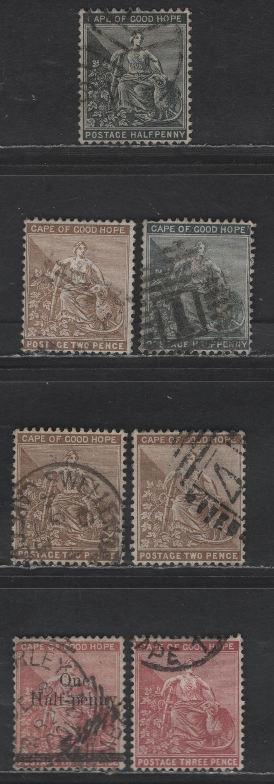 Lot 83 (C) Cape Of Good Hope SG#40-a, 42-a, 43, 47 Black - Deep Claret Black - Deep Claret Seated Hope, 1882-1883 Seated Hope Issue, 6 Fine/Very Fine Used Singles, Crown CA Wmk