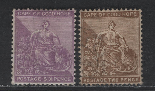Lot 85 Cape Of Good Hope SG#50a, 52b 2d - 6d Deep Bistre - Bright Mauve Seated Hope, 1884-1890 Seated Hope Issue, 2 F/VFOG Singles, Cabled Anchor Wmk