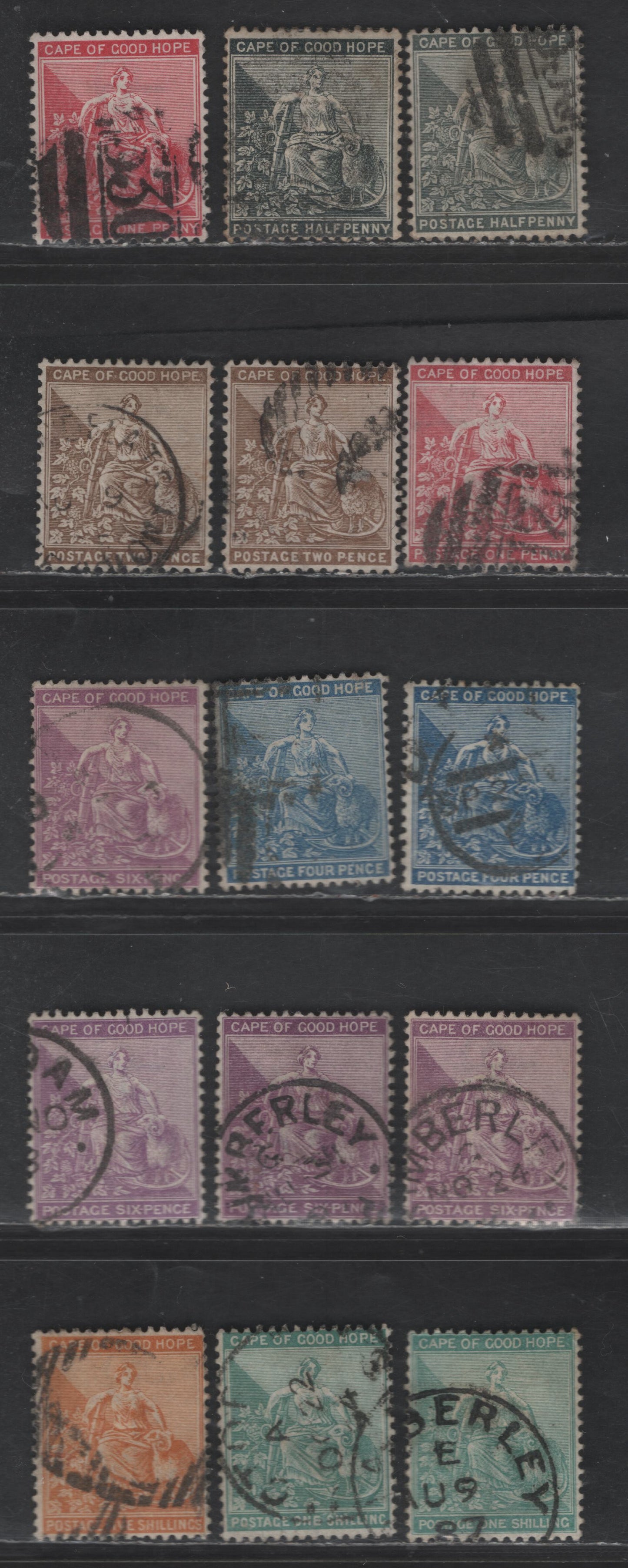 Lot 86 (C) Cape Of Good Hope SG#48-a, 49-a, 50-a, 51-a, 52-b, 53-a, 54 1/2d - 5/- Black - Orange Seated Hope, 1884-1890 Seated Hope Issue, 15 Fine/Very Fine Used Singles, Cabled Anchor Wmk, Listed Shades