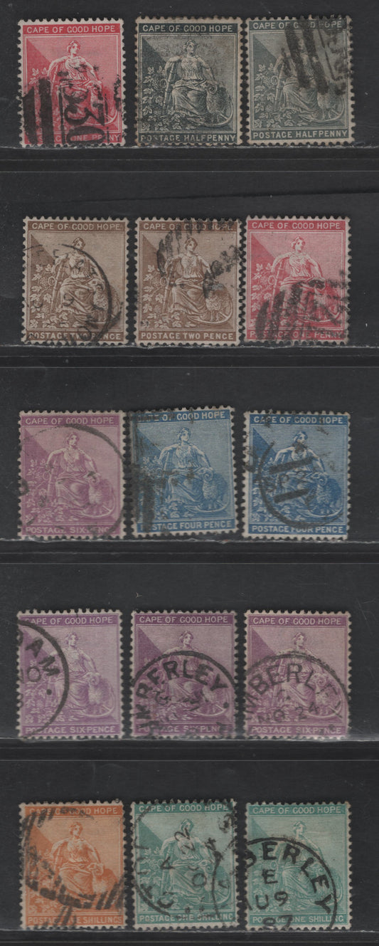 Lot 86 (C) Cape Of Good Hope SG#48-a, 49-a, 50-a, 51-a, 52-b, 53-a, 54 1/2d - 5/- Black - Orange Seated Hope, 1884-1890 Seated Hope Issue, 15 Fine/Very Fine Used Singles, Cabled Anchor Wmk, Listed Shades