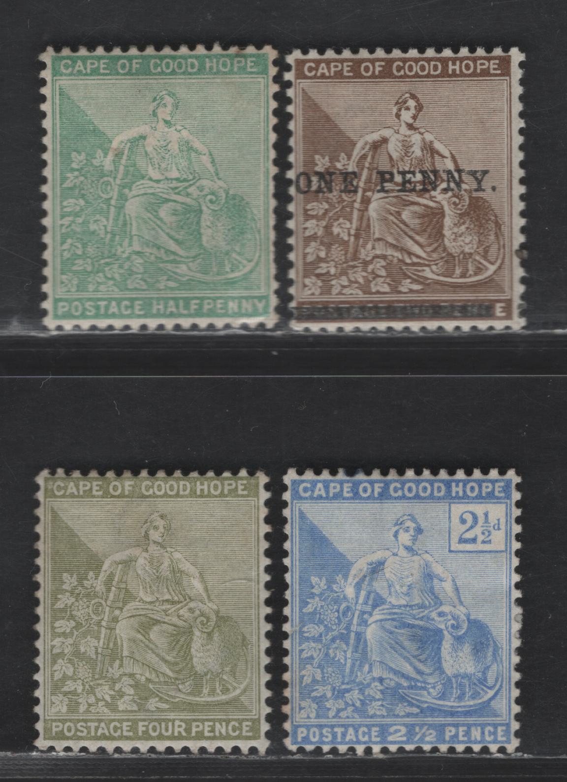 Lot 87 Cape Of Good Hope SG#57a, 61, 63a, 65 1d on 2d - 4d Deep Bistre -Sage Green Seated Hope, 1893-1898 Revised Colors Seated Hope Issue, 4 F/VFOG Singles, Small Corner Crease