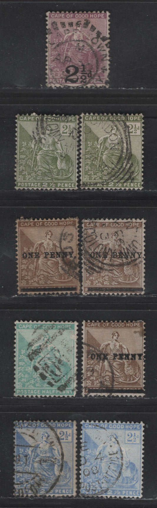Lot 88 (C) Cape Of Good Hope SG#55, 56-a, 57-a, 61a, 63-a 2.5d on 3d - 2.5d Pale Magenta - Deep Ultramarine Seated Hope, 1891-1898 Surcharges - Revised Colors on Seated Hope Issues, 8 Fine/Very Fine Used Singles