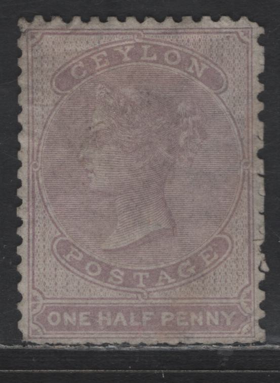 Lot 90 (C) Ceylon SG#48aw 1/2d Dull Mauve Queen Victoria, 1863-1866 Perkins Bacon Courbould Heads Issue, A Fair Unused Single, Crown CC Inverted Wmk, 23mm High, No Gum, Corner Crease At Top & Several Short Perfs