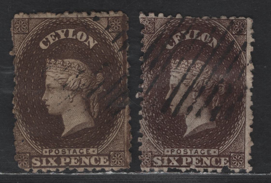 Lot 91 Ceylon SG#55b, 67 6d Reddish Brown - Purple Brown Queen Victoria, 1863-1870 Perkins Bacon Courbould Heads Issue, 2 Fine Used Singles, Crown CC Wmk, 23mm &21.5mm High, Perf 12.5