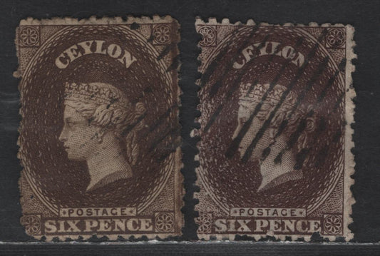 Lot 91 Ceylon SG#55b, 67 6d Reddish Brown - Purple Brown Queen Victoria, 1863-1870 Perkins Bacon Courbould Heads Issue, 2 Fine Used Singles, Crown CC Wmk, 23mm &21.5mm High, Perf 12.5