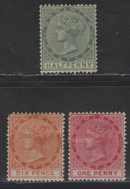 Lot 93 Dominica SG#20, 22a, 25 1/2d - 6d Dull Green - Orange Queen Victoria, 1886-1890 Queen Victoria Keyplate Issue, 3 F/VFOG Singles