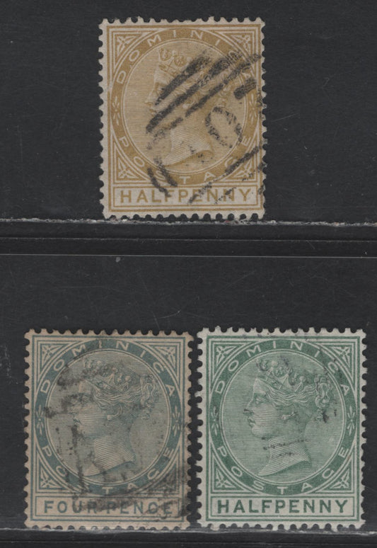 Lot 94 Dominica SG#13, 20, 24 1/2d - 4d Olive Yellow - Gray Queen Victoria, 1883-1890 Queen Victoria Keyplate Issue, 3 Fine/Very Fine Used Singles, Crown CA Wmk