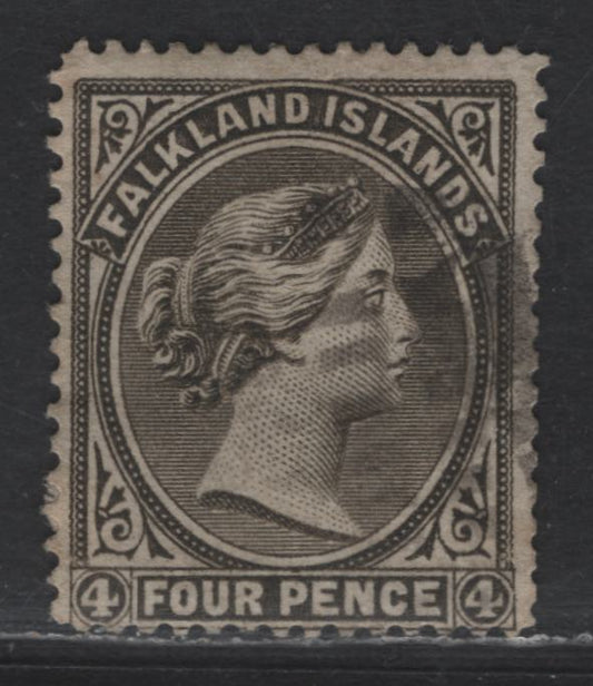 Lot 95 (C) Falkland Islands SG#19 4d Gray Black Queen Victoria, 1885-1891 Bradbury Wilkinson Queen Victoria Issue, A Fine Used Single, Crown CA Sideways Wmk