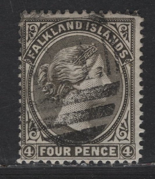 Lot 96 (C) Falkland Islands SG#9w 4d Gray Violet Queen Victoria, 1877-1879 Bradbury Wilkinson Engraved Queen Victoria Issue, A Fine Used Single, Crown CA Sideways Inverted Wmk