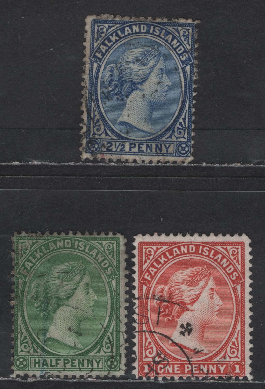 Lot 98 (C) Falkland Islands SG#17c, 24, 30 1/2d - 2.5d Dull Yellowish Green - Ultramarine Queen Victoria, 1886-1907 Bradbury Wilkinson Engraved Queen Victoria Issue, 3 Fine Used Singles, Crown CA Wmk