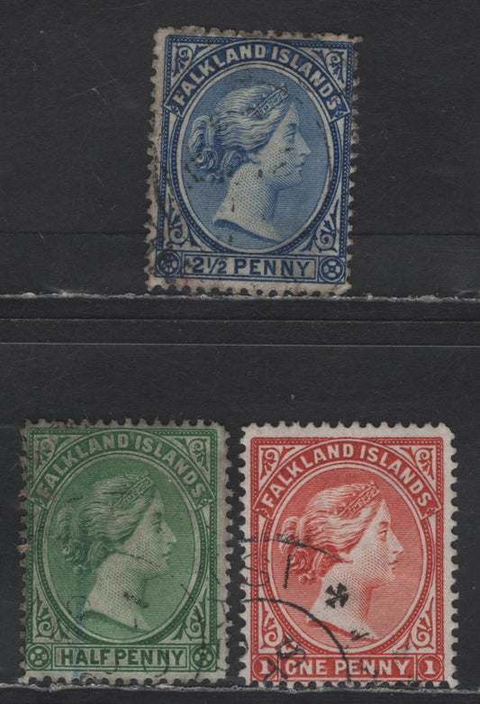 Lot 98 (C) Falkland Islands SG#17c, 24, 30 1/2d - 2.5d Dull Yellowish Green - Ultramarine Queen Victoria, 1886-1907 Bradbury Wilkinson Engraved Queen Victoria Issue, 3 Fine Used Singles, Crown CA Wmk