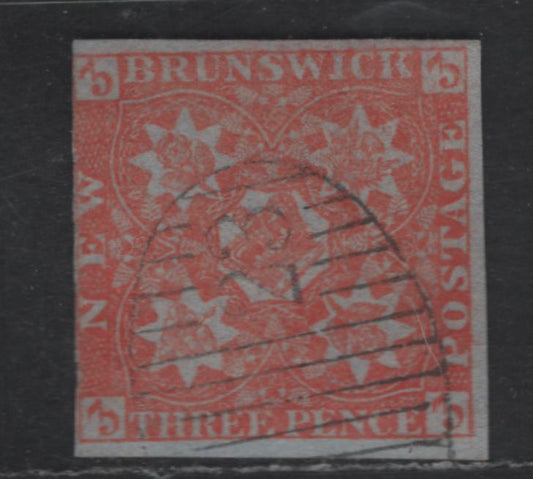 Lot 1 (C) New Brunswick #1 3d Red Flowers, 1851 Pence Issue, A Fine Used Imperf Single, Bluish Paper, Beautiful Strike Of The Rare #23 Richibucto Cancel