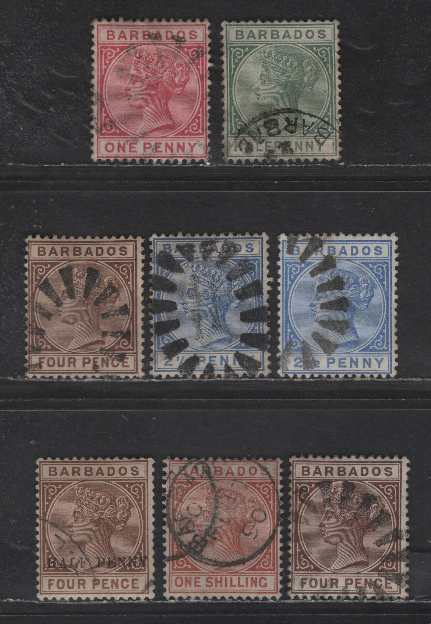 Lot 103 (C) Barbados SG#89, 91, 93-94, 98-99, 102, 104 1/2d - 1/2d on 4d Dull Green - Deep Brown Britannia - Queen Victoria, 1882-1892 Queen Victoria Keyplates & Surcharge Issues, 8 Fine/Very Fine Used Singles