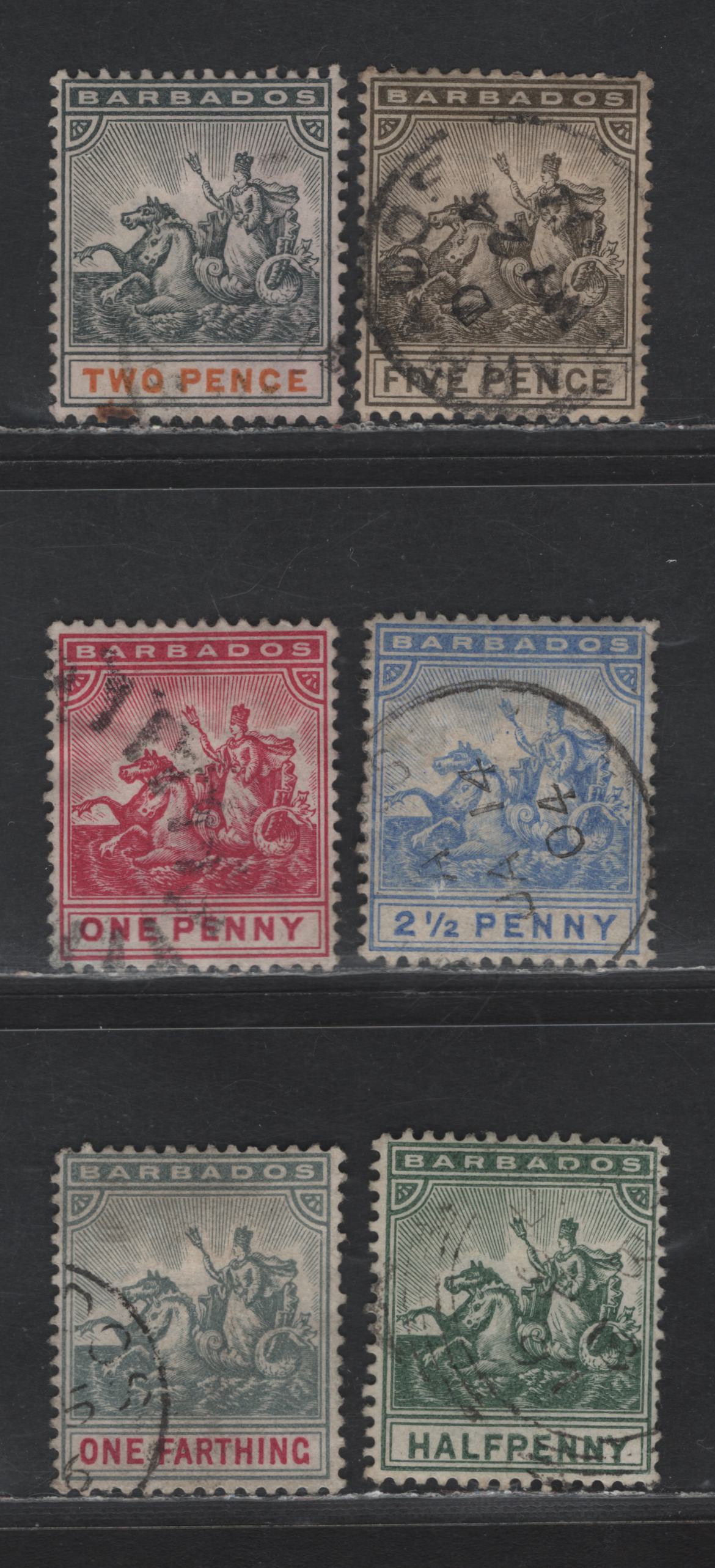 Barbados SG#105-110 1/4d - 5d Slate Gray & Carmine - Gray Olive Seal of Colony, 1892-1903 Badge of the Colony Issue, 6 Fine/Very Fine Used Singles, Crown CA Wmk