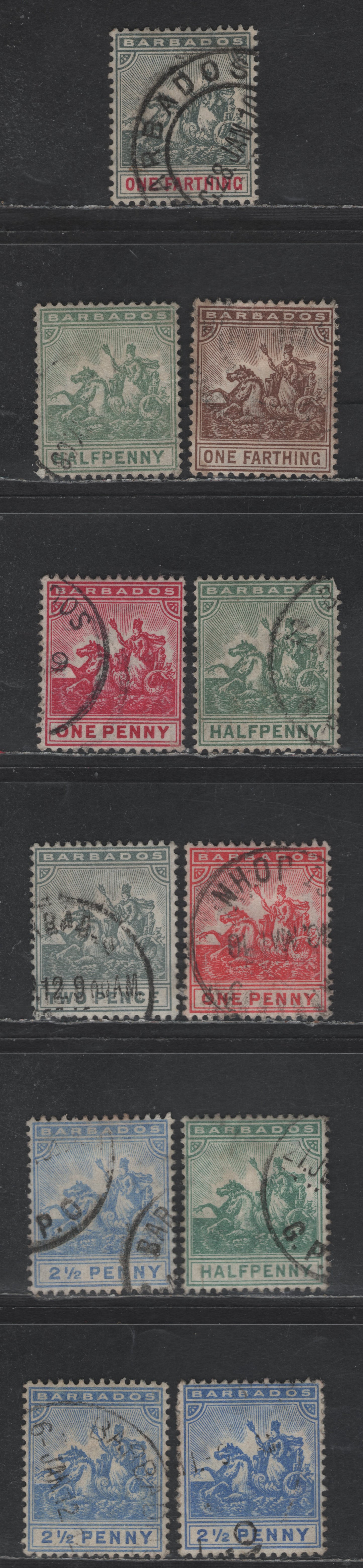 Lot 107 Barbados SG#135-139, 163-166 1/4d - 25d Slate & Carmine - Ultramarine Badge of the Colony, 1905-1910 Badge of the Colony Issue, 8 Very Fine Used Singles, Multiple Crown CA Wmk, Includes Unlisted Shades Of The 1/2d Green & 25d Ultramarine