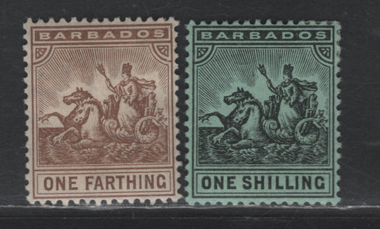 Lot 108 Barbados SG#163, 169 1/4d - 1/- Brown - Black on Green Badge of the Colony, 1909-1910 Badge of the Colony Issue, 2 VFOG Singles, Multiple Crown CA Wmk, Small Gum Wrinkle On 1/-