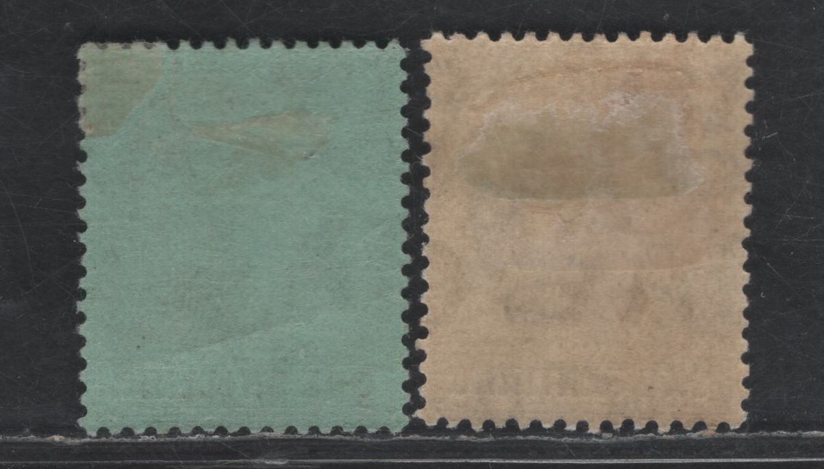 Lot 108 Barbados SG#163, 169 1/4d - 1/- Brown - Black on Green Badge of the Colony, 1909-1910 Badge of the Colony Issue, 2 VFOG Singles, Multiple Crown CA Wmk, Small Gum Wrinkle On 1/-