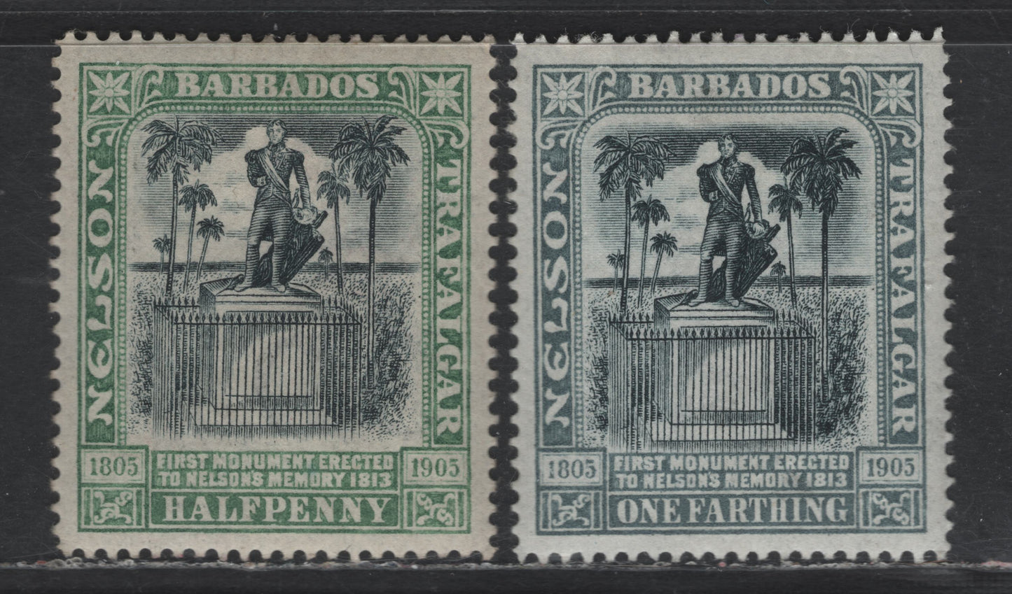 Lot 112 Barbados SG#145-146 1/4d - 1/2d Black & Gray - Black & Pale Green Nelson, 1906 Nelson Centenary Issue, 2 VFOG Single, Crown CC Wmk, Thin, Transluscent Bluish White Paper