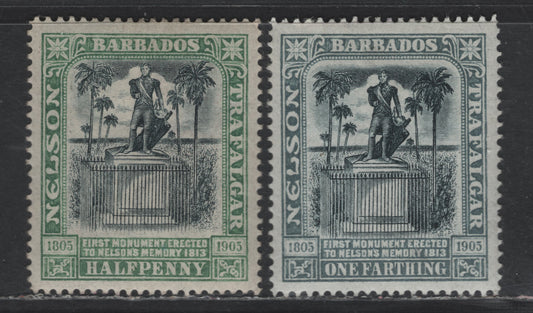 Lot 112 Barbados SG#145-146 1/4d - 1/2d Black & Gray - Black & Pale Green Nelson, 1906 Nelson Centenary Issue, 2 VFOG Single, Crown CC Wmk, Thin, Transluscent Bluish White Paper