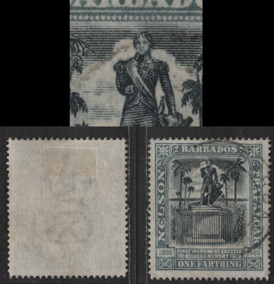 Lot 114 Barbados SG#145var 1/4d Black & Gray Nelson, 1906 Nelson Centenary Issue, A Very Fine Used Single, Thin Transluscent Paper, Showing Unlisted Re-Entry Where Nelson's Right Shoulder Is Doubled