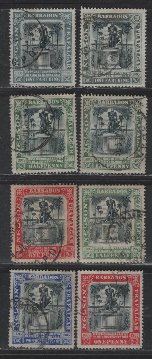 Lot 115 Barbados SG#145-147, 149 1/4d - 25d Black & Gray - Black & Bright Blue Nelson, 1906 Nelson Centenary Issue, 8 Very Fine Used Singles, Crown CC Wmk, Thin Transluscent Paper, Shade Variations