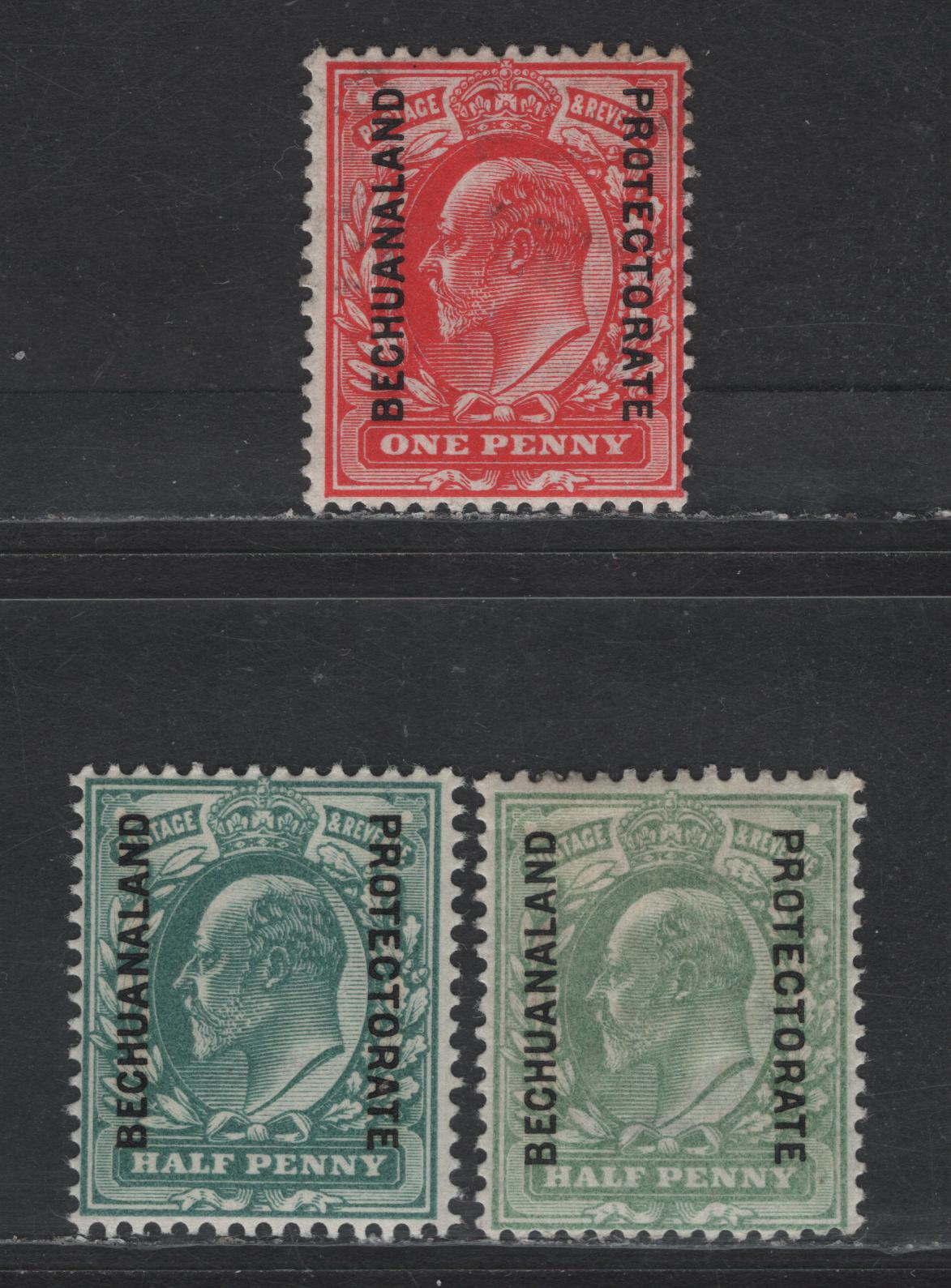 Lot 119 Bechuanaland Protectorate SG#66-68 1/2d - 1d Blue Green - Scarlet King Edward VII, 1904-1913 King Edward VII Overprinted Issue, 3 F/VFOG/NH Singles, 1/2 Is NH, Rest OG