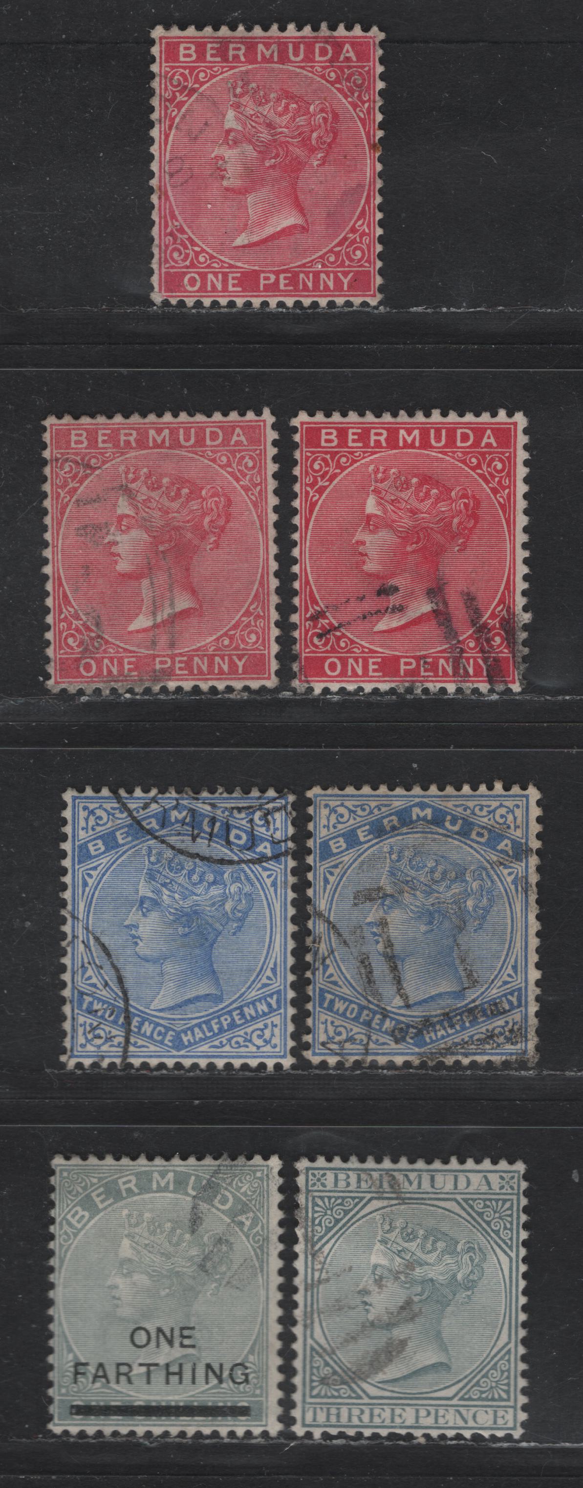 Lot 120 Bermuda SG#24-25, 27,b, 28, 30 1d - 1/4d on 1/- Rose Carmine - Dull Gray Queen Victoria, 1883-1904 Queen Victoria Keyplates Issue, 6 Fine/Very Fine Used Singles, Crown CA Wmk