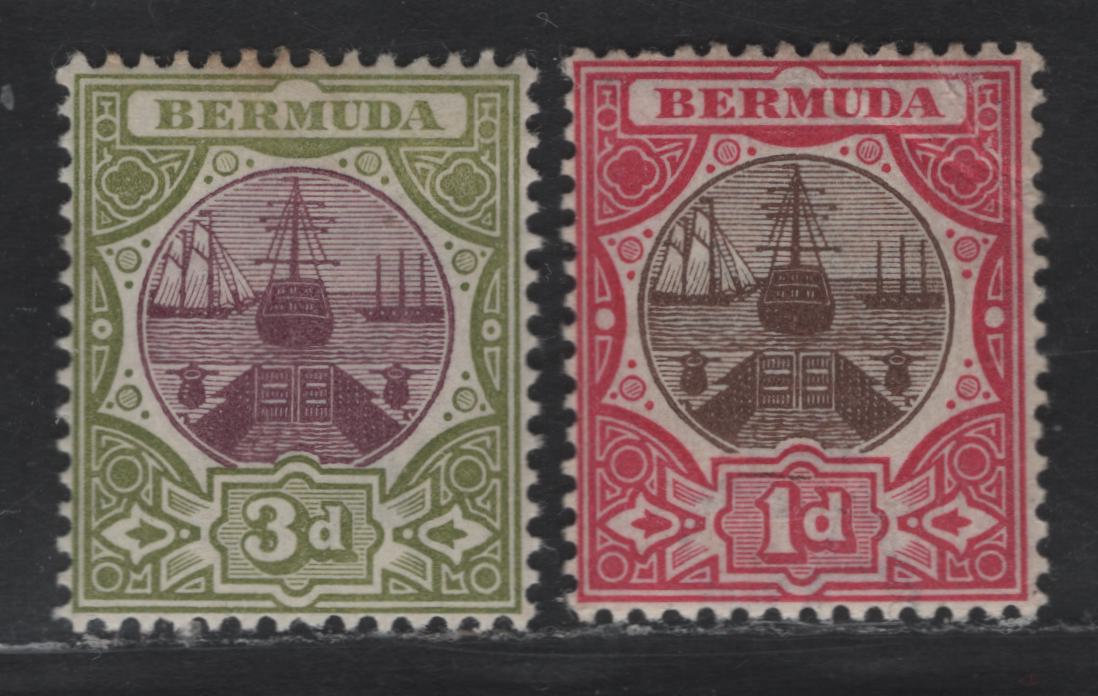 Lot 121 Bermuda SG#32-33 1d - 3d Brown & Carmine - Magenta & Sage Green Dry Docks, 1902 Dry Docks Definitives, 2 VFOG Singles, Crown CA Wmk