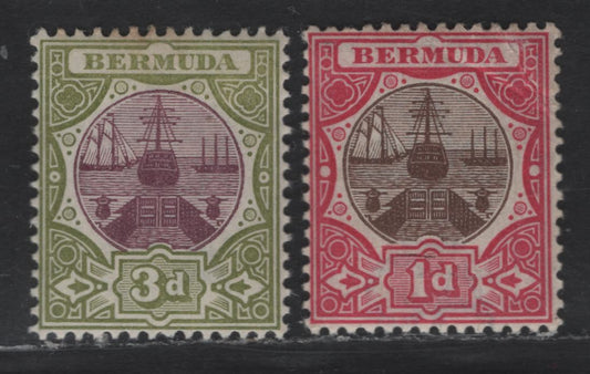 Lot 121 Bermuda SG#32-33 1d - 3d Brown & Carmine - Magenta & Sage Green Dry Docks, 1902 Dry Docks Definitives, 2 VFOG Singles, Crown CA Wmk