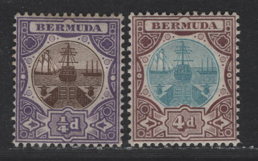 Lot 123 Bermuda SG#34, 42 1/4d - 4d Brown & Violet - Blue & Chocolate Dry Docks, 1906-1910 Dry Docks Definitives, 2 Very Fine Used Singles, Multiple Crown CA Wmk