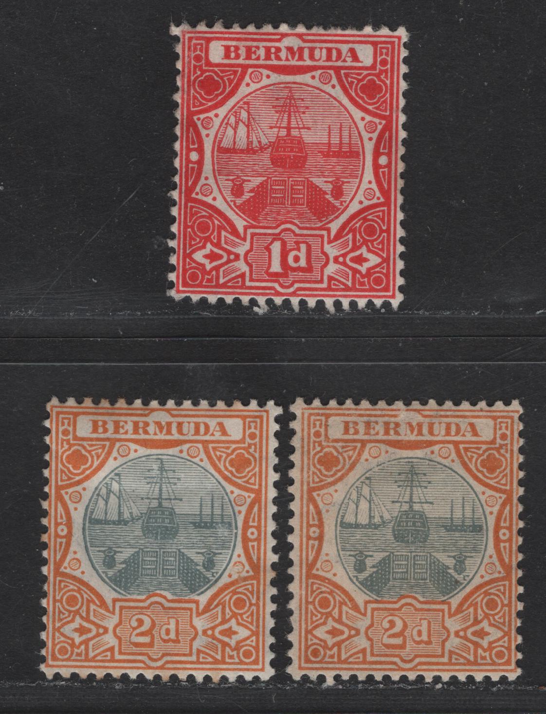 Lot 125 Bermuda SG#38-39 1d - 2d Red - Gray & Orange Dry Docks, 1906-1910 Dry Docks Definitives, 3 F/VFOG Singles, 2 Shades Of 2d, Multiple Crown CA Wmk