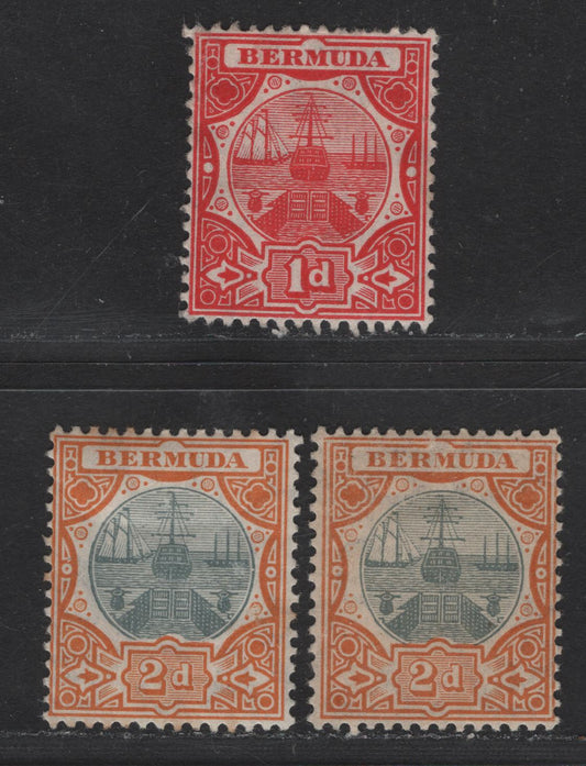Lot 125 Bermuda SG#38-39 1d - 2d Red - Gray & Orange Dry Docks, 1906-1910 Dry Docks Definitives, 3 F/VFOG Singles, 2 Shades Of 2d, Multiple Crown CA Wmk
