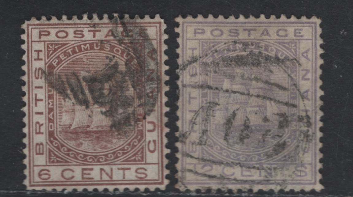 Lot 132 British Guiana SG#129, 131 6c - 12c Brown - Pale Violet Badge of the Colony, 1876-1879 Badge of the Colony Issue, 2 Very Fine Used Singles, Crown CC Wmk