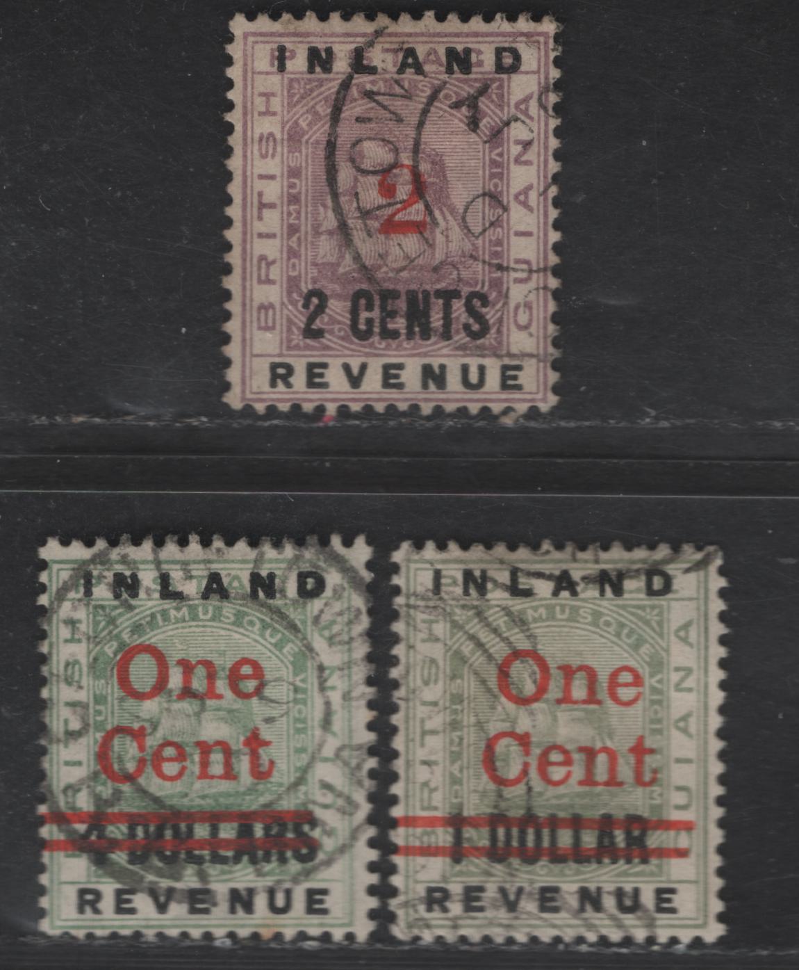 Lot 133 (C) British Guiana SG#192, 207, 210 2c on 2c - 1c on $4 Dull Purple - Dull Green Boat, 1889-1890 Surcharged Issues, 3 Fine/Very Fine Used Singles