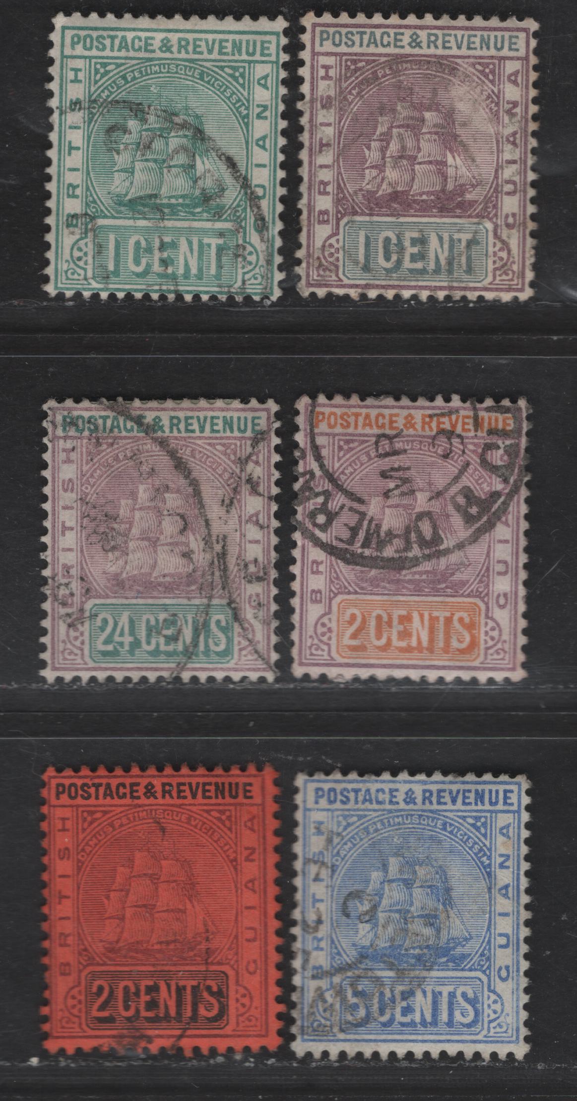 Lot 134 (C) British Guiana SG#193-194, 201, 213-215, 235 1c - 2c Dull Purple & Slate Gray -Dull Purple & Black on Red Boat, 1889-1903 Colonial Badge Keyplate Issues, 6 Fine/Very Fine Used Singles