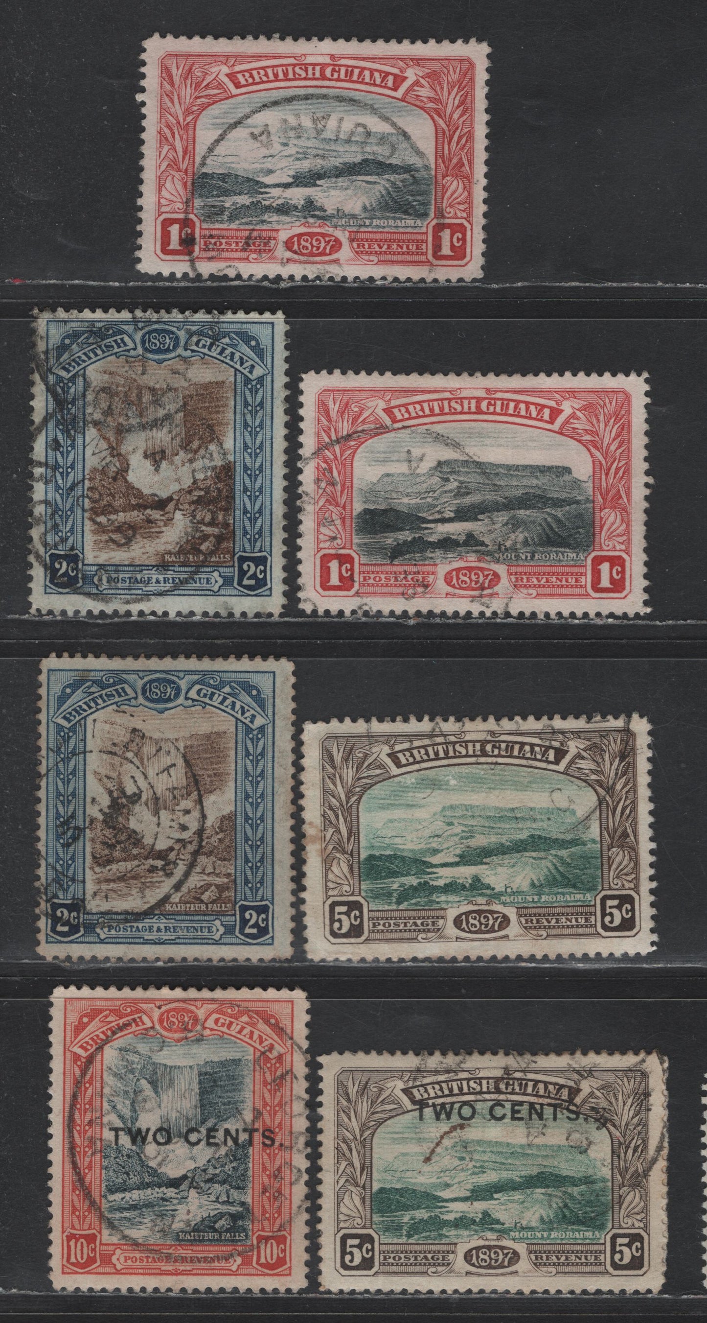 Lot 136 (C) British Guiana SG#216-217, 219, 222-223 1c - 5c on 10c Blue Black & Carmine Red - Blue Black & Brown Red Mount Roraima -Ship, 1898-1899 Queen Victoria's Jubilee  & Surcharged Issues, 5 Fine/Very Fine Used Singles