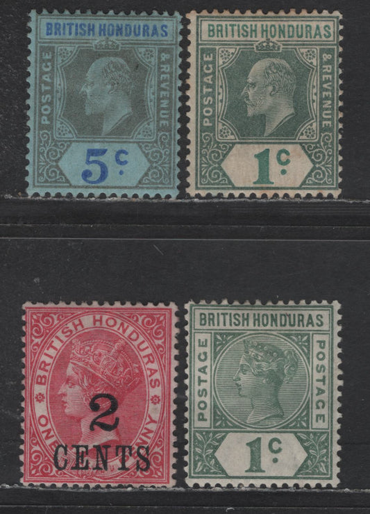 Lot 139 British Honduras SG#37, 51, 80, 82 2c on 1d - 5c Carmine - Gray Black & Blue on Blue Queen Victoria - King Edward VII, 1888-1902 Surcharges & King Edward VII Issues, 4 FOG Singles