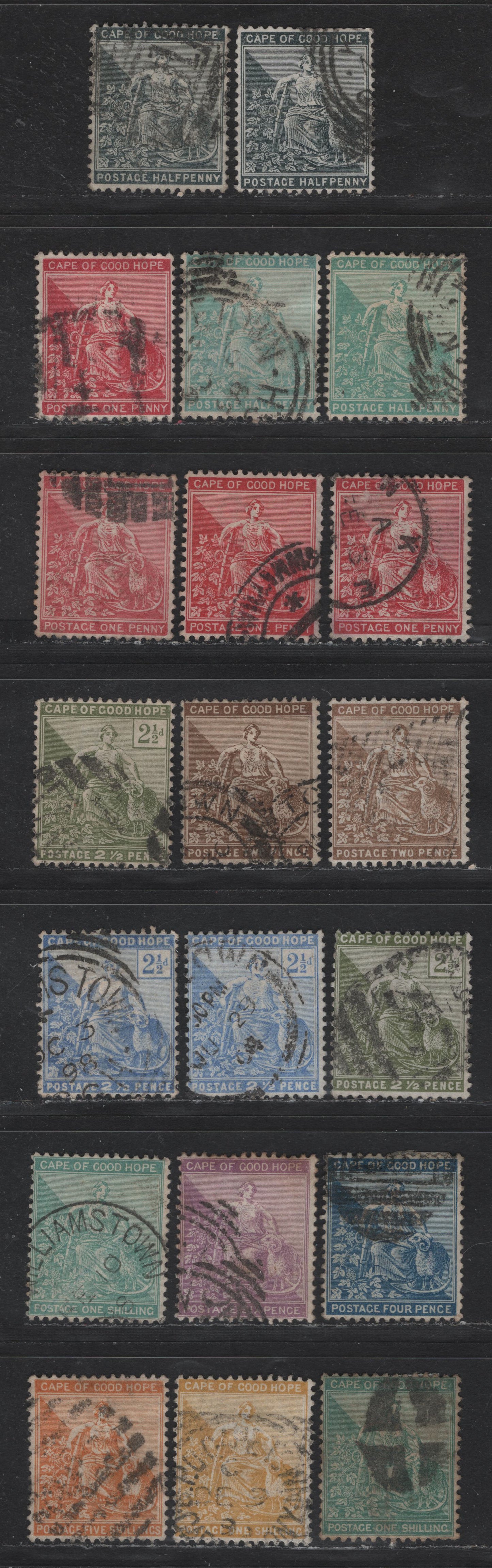 Lot 142 (C) Cape Of Good Hope SG#48-a, 49-a, 50-a, 51a, 52b, 53-a, 61-a, 63-a, 67 1/2d - 5/- Black - Brown Orange Seated Hope, 1884-1898 Seated Hope Issues, 21 Fine/Very Fine Used Singles, Includes Listed Shade Variations