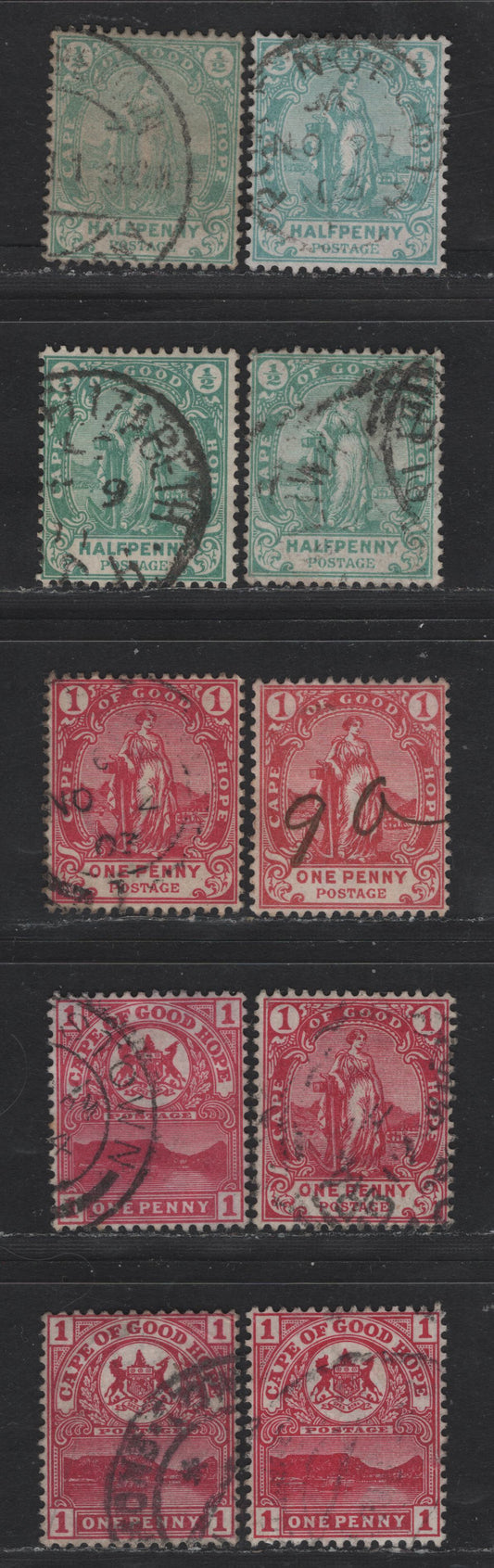 Lot 143 (C) Cape Of Good Hope SG#58-60, 69 1/2d - 3d Green - Magenta Standing Hope - Table Mountain, 1893-1900 Standing Hope & Table Mountain Issues, 10 Fine/Very Fine Used Singles, Shade Variations