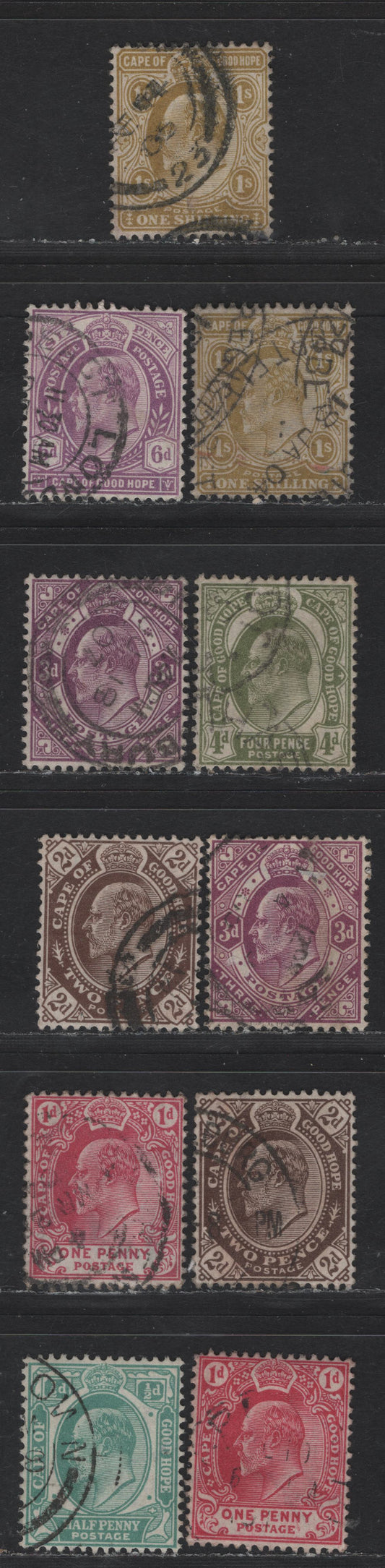 Lot 147 (C) Cape Of Good Hope SG#70-72, 74-77 1/2d - 1/- Green - Yellow Ochre King Edward VII, 1902-1904 King Edward VII Issue, 11 Fine/Very Fine Used Singles, Shade Variations