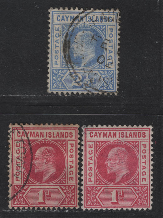Lot 150 (C) Cayman Islands SG#4-5 1d - 25d Carmine - Bright Blue King Edward VII, 1902-1903 King Edward VII Keyplates Issue, 3 Fine/Very Fine Used Singles, Crown CA Wmk, 2 Shades Of 1d