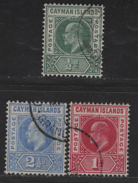 Lot 152 Cayman Islands SG#8-10 1/2d - 25d Green - Bright Blue King Edward VII, 1905 King Edward VII Keyplates Issue, 3 Very Fine Used Singles, Multiple Crown CA Wmk