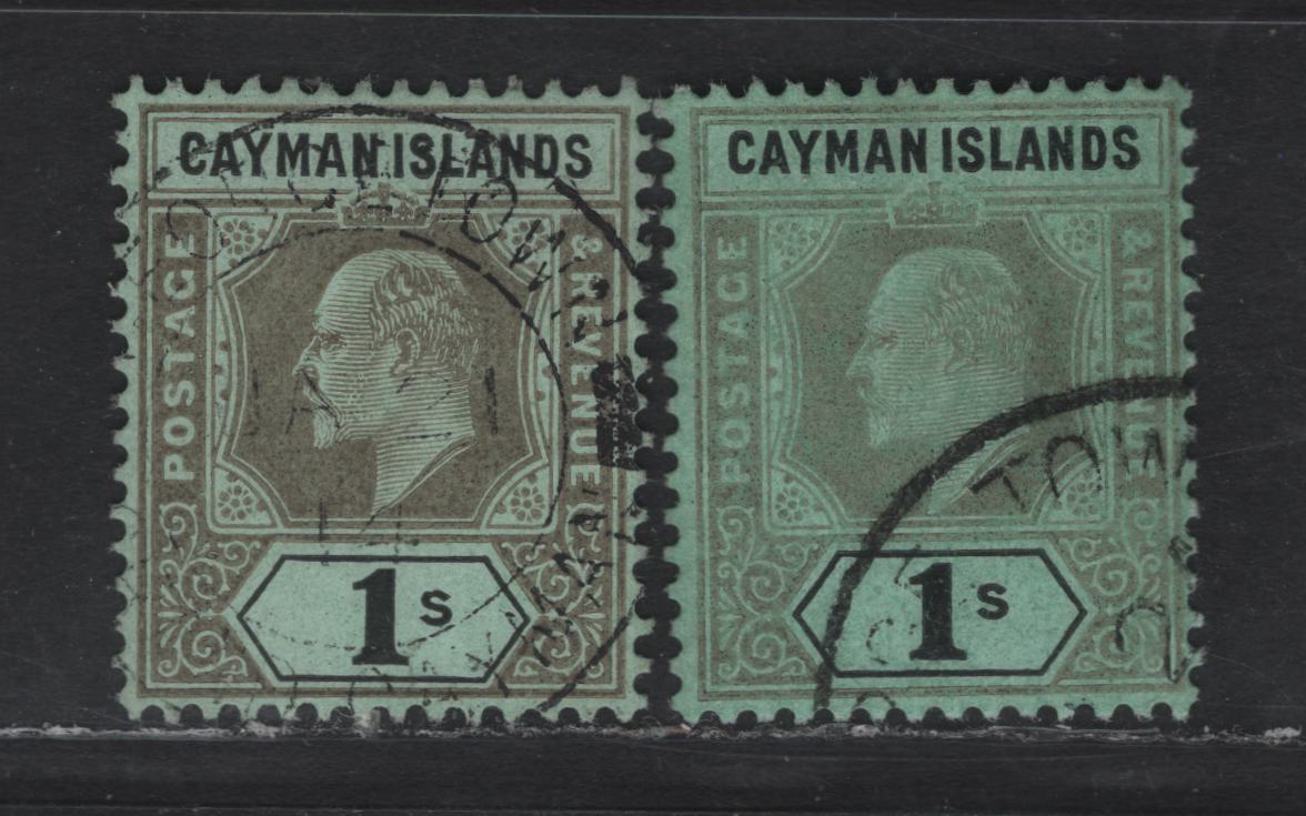 Lot 157 (C) Cayman Islands SG#31, 33 Black on Green Black on Green King Edward VII, 1908 King Edward VII Universal Keyplates Issue, 2 Very Fine Used Singles, Crown CA & Multiple Crown CA Wmks