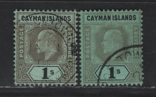 Lot 157 (C) Cayman Islands SG#31, 33 Black on Green Black on Green King Edward VII, 1908 King Edward VII Universal Keyplates Issue, 2 Very Fine Used Singles, Crown CA & Multiple Crown CA Wmks