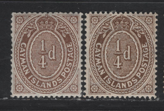 Lot 158 (C) Cayman Islands SG#38-a 1/4d Brown - Gray Brown Numeral, 1908-1909 Numeral Issue, 2 VFOG Singles