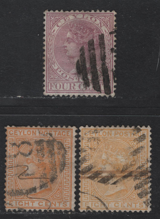 Lot 159 Ceylon SG#123-124a 4c - 8c Rosy Mauve - Orange Yellow & Yellow Queen Victoria, 1872-1880 Queen Victoria Keyplates Issue, 3 Very Good/Fine/Very Fine Used Singles, Crown CC Wmk