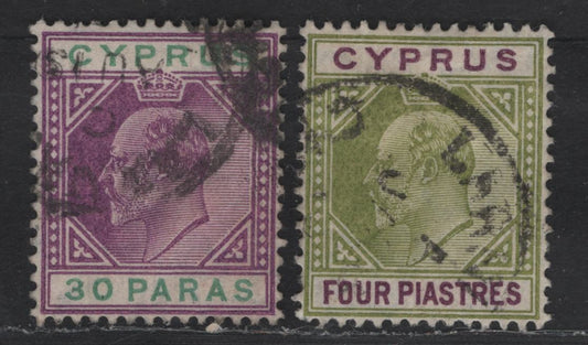 Lot 167 (C)Cyprus SG#63, 66 30pa - 4pi Purple & Green - Olive Green & Purple King Edward VII, 1904-1910 King Edward VII Keyplates Issue, 2 Very Fine Used Singles, Multiple Crown CA Wmks